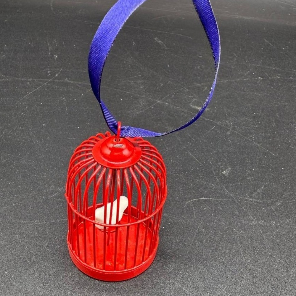 Vintage Red Birdcage Ornament Metal Wire with White Clay Bird 1980s‎ Christmas